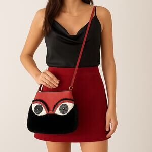 Vintage Sharif Red Black Eye Appliqué Crossbody Bag Faux Fur Leather 8x11